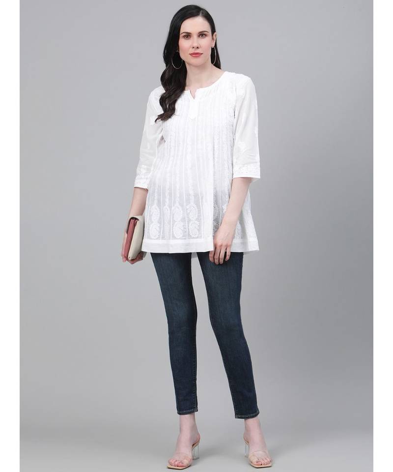 Cotton White Embroidered Chikankari Quarter Sleeve Stitched  Women Short Kurti