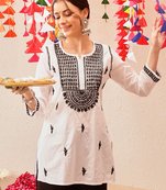 Cotton White Embroidered Chikankari Quarter Sleeve Short Kurti