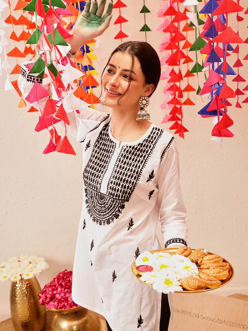 Cotton White Embroidered Chikankari Quarter Sleeve Short Kurti