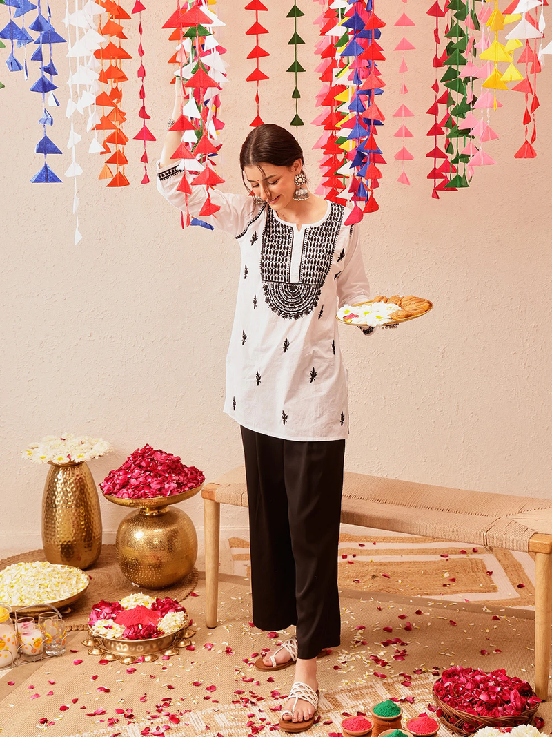 Cotton White Embroidered Chikankari Quarter Sleeve Short Kurti
