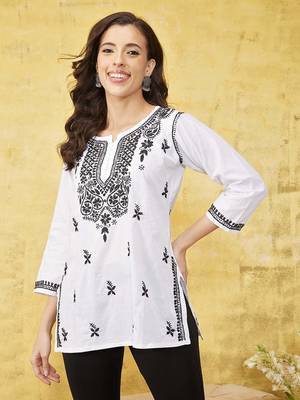Cotton White Embroidered Chikankari Quarter Sleeve Stitched  Women Short Kurti 3