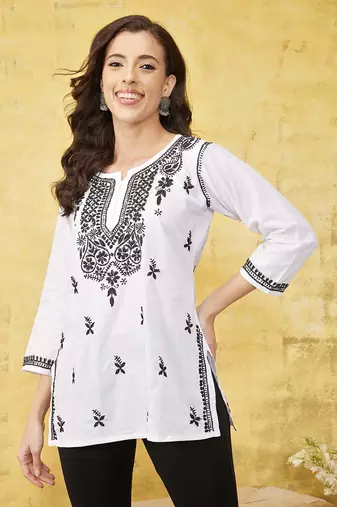 Cotton White Embroidered Chikankari Quarter Sleeve Stitched  Women Short Kurti