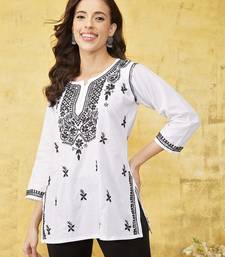 Cotton White Embroidered Chikankari Quarter Sleeve Stitched  Women Short Kurti