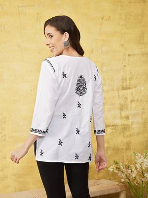 Cotton White Embroidered Chikankari Quarter Sleeve Stitched  Women Short Kurti 4