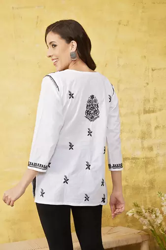 Cotton White Embroidered Chikankari Quarter Sleeve Stitched  Women Short Kurti