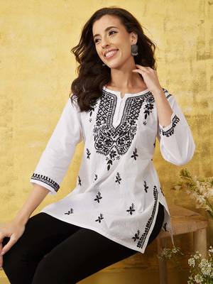 Cotton White Embroidered Chikankari Quarter Sleeve Stitched  Women Short Kurti 5