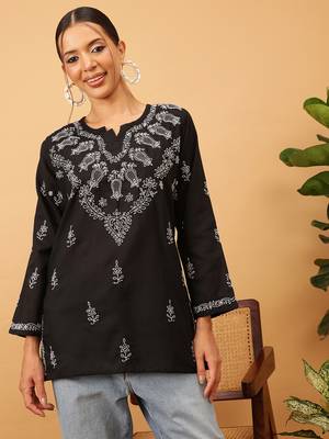 Cotton Black Embroidered Chikankari Quarter Sleeve Stitched Women Short Kurti 1
