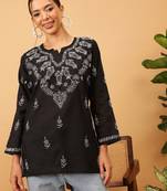 Cotton Black Embroidered Chikankari Quarter Sleeve Stitched Women Short Kurti