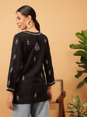 Cotton Black Embroidered Chikankari Quarter Sleeve Stitched Women Short Kurti 2