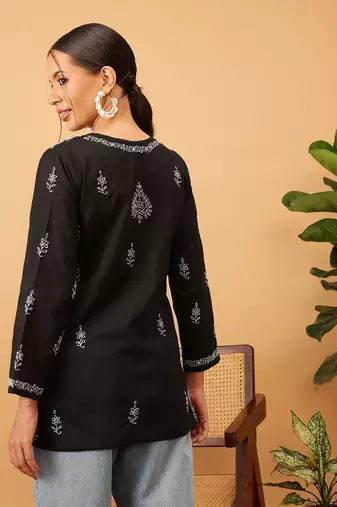 Cotton Black Embroidered Chikankari Quarter Sleeve Stitched Women Short Kurti