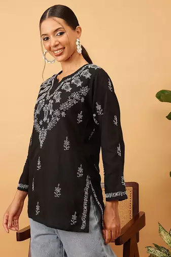 Cotton Black Embroidered Chikankari Quarter Sleeve Stitched Women Short Kurti