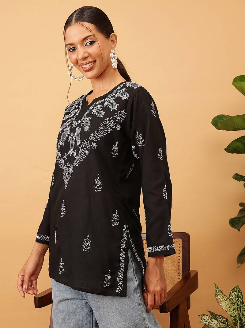 Cotton Black Embroidered Chikankari Quarter Sleeve Stitched Women Short Kurti