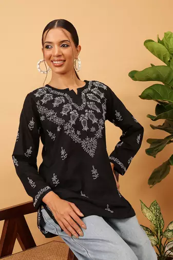 Cotton Black Embroidered Chikankari Quarter Sleeve Stitched Women Short Kurti