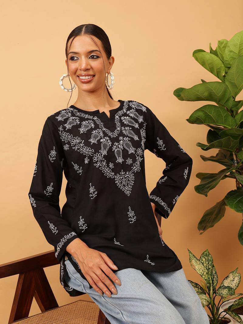 Cotton Black Embroidered Chikankari Quarter Sleeve Stitched Women Short Kurti