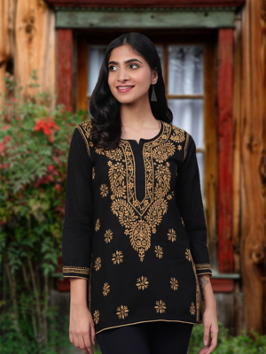 Ada Handmade Black Cotton Lucknowi Chikankari quarter sleeve stitched Indian Women short Kurti - A250295 1