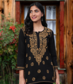 Ada Handmade Black Cotton Lucknowi Chikankari quarter sleeve stitched Indian Women short Kurti - A250295