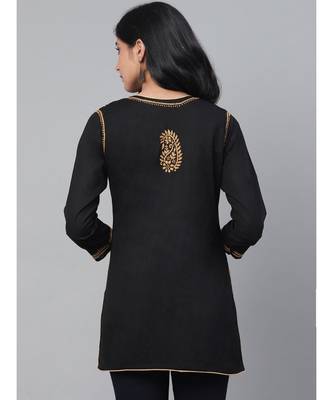 Ada Handmade Black Cotton Lucknowi Chikankari quarter sleeve stitched Indian Women short Kurti - A250295 2