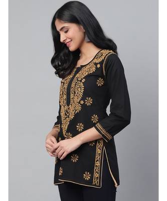 Ada Handmade Black Cotton Lucknowi Chikankari quarter sleeve stitched Indian Women short Kurti - A250295 3