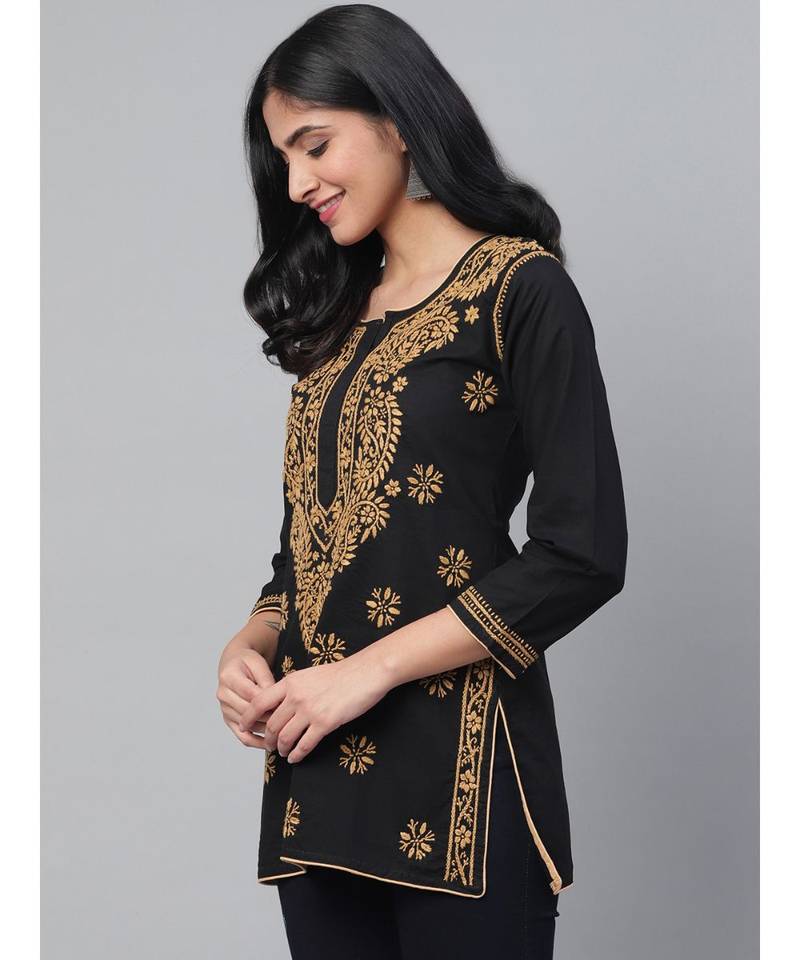 Ada Handmade Black Cotton Lucknowi Chikankari quarter sleeve stitched Indian Women short Kurti - A250295