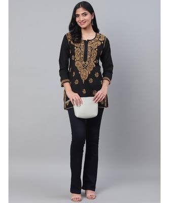 Ada Handmade Black Cotton Lucknowi Chikankari quarter sleeve stitched Indian Women short Kurti - A250295 4