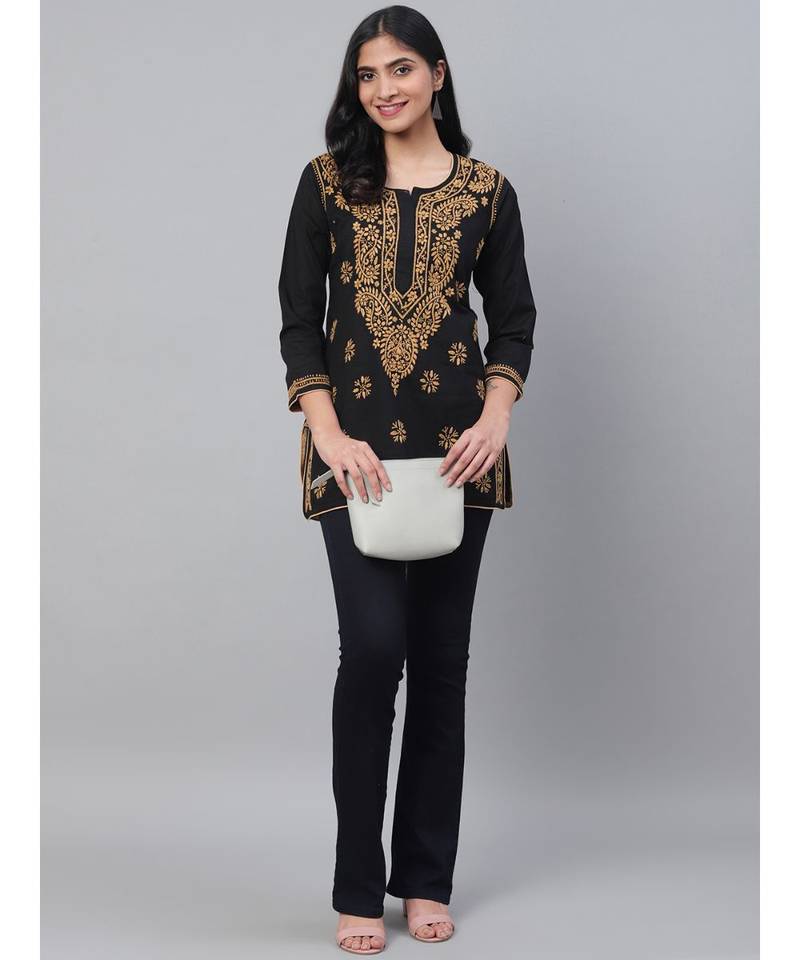 Ada Handmade Black Cotton Lucknowi Chikankari quarter sleeve stitched Indian Women short Kurti - A250295