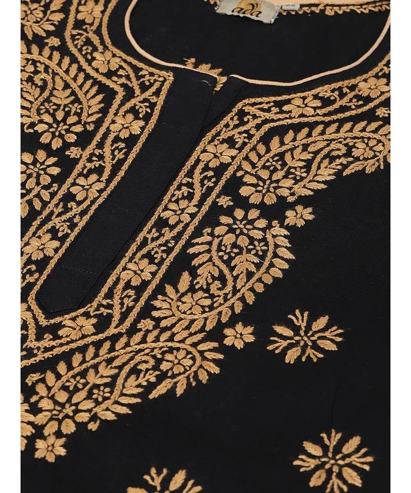 Ada Handmade Black Cotton Lucknowi Chikankari quarter sleeve stitched Indian Women short Kurti - A250295