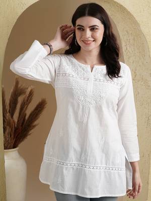 Ada Cotton white embroidered chikankari quarter sleeve stitched Women short Kurti - A100595 1