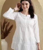Ada Cotton white embroidered chikankari quarter sleeve stitched Women short Kurti - A100595