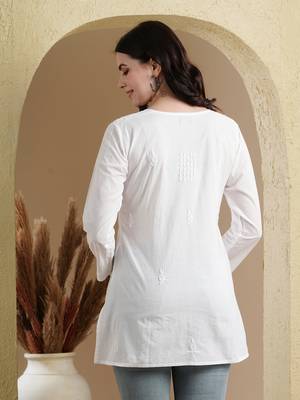 Ada Cotton white embroidered chikankari quarter sleeve stitched Women short Kurti - A100595 2