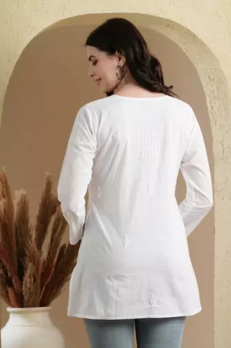 Ada Cotton white embroidered chikankari quarter sleeve stitched Women short Kurti - A100595