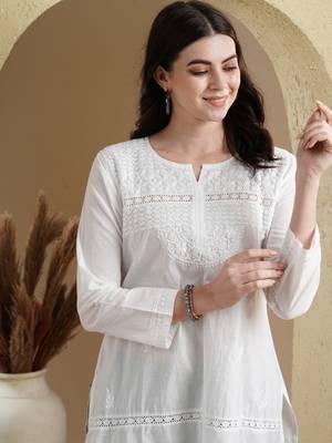 Ada Cotton white embroidered chikankari quarter sleeve stitched Women short Kurti - A100595 3