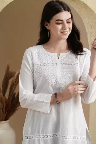 Ada Cotton white embroidered chikankari quarter sleeve stitched Women short Kurti - A100595