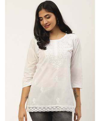 Ada Cotton white embroidered chikankari quarter sleeve stitched  Women short Kurti - A100594 1