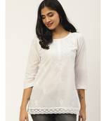 Ada Cotton white embroidered chikankari quarter sleeve stitched  Women short Kurti - A100594