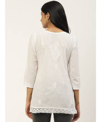 Ada Cotton white embroidered chikankari quarter sleeve stitched  Women short Kurti - A100594 2