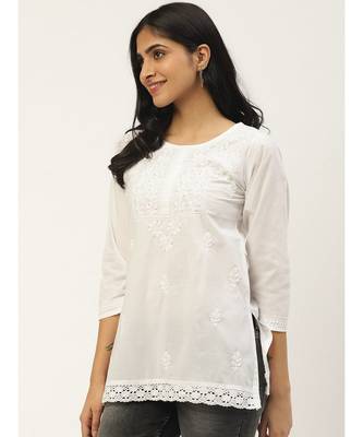 Ada Cotton white embroidered chikankari quarter sleeve stitched  Women short Kurti - A100594 3