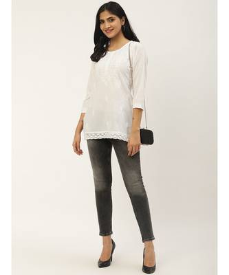 Ada Cotton white embroidered chikankari quarter sleeve stitched  Women short Kurti - A100594 4