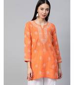 Hand Embroidered Orange Cotton Lucknow Chikankari Short Top