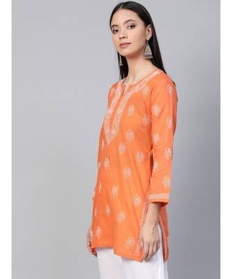 Hand Embroidered Orange Cotton Lucknow Chikankari Short Top 3