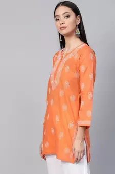 Hand Embroidered Orange Cotton Lucknow Chikankari Short Top