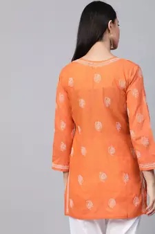 Hand Embroidered Orange Cotton Lucknow Chikankari Short Top