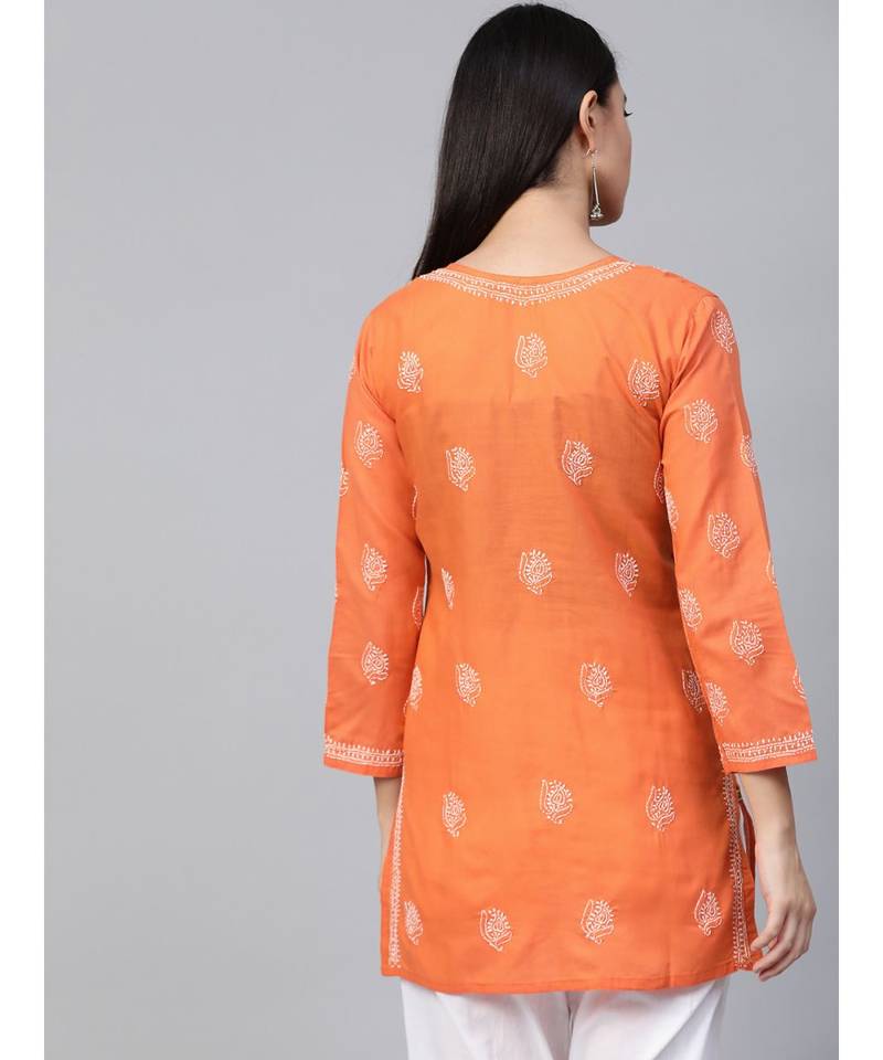 Hand Embroidered Orange Cotton Lucknow Chikankari Short Top
