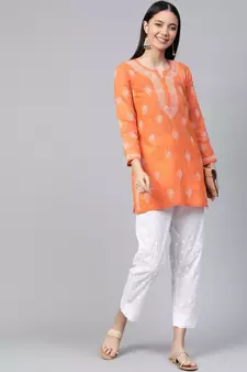 Hand Embroidered Orange Cotton Lucknow Chikankari Short Top