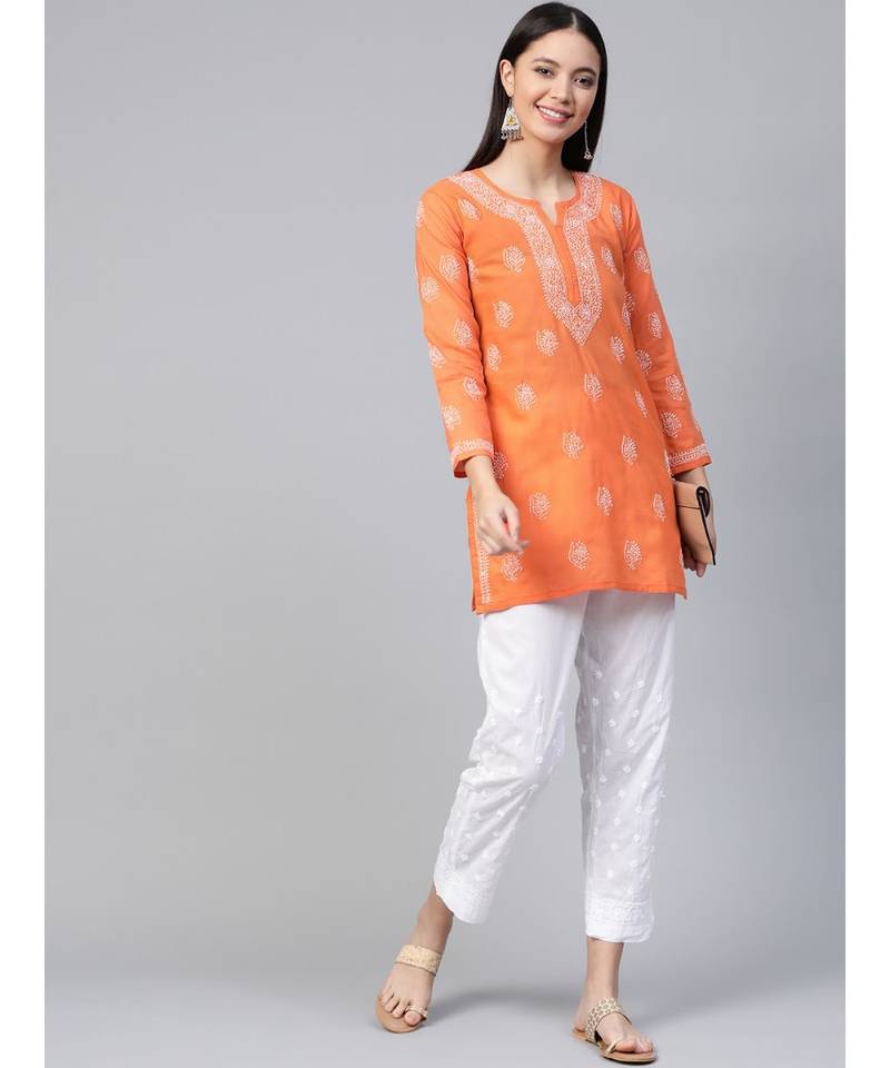 Hand Embroidered Orange Cotton Lucknow Chikankari Short Top