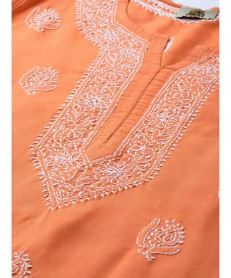Hand Embroidered Orange Cotton Lucknow Chikankari Short Top 6
