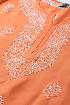 Hand Embroidered Orange Cotton Lucknow Chikankari Short Top
