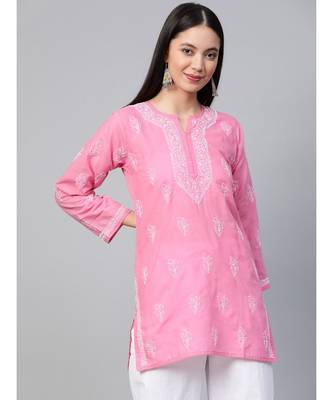 Cotton Pink Embroidered Chikankari Quarter Sleeve Stitched  Women Short Kurti 1