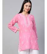 Cotton Pink Embroidered Chikankari Quarter Sleeve Stitched  Women Short Kurti