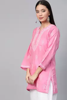 Cotton Pink Embroidered Chikankari Quarter Sleeve Stitched  Women Short Kurti