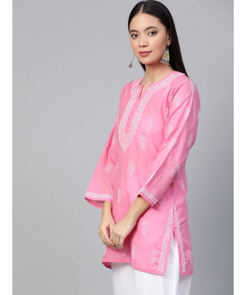 Cotton Pink Embroidered Chikankari Quarter Sleeve Stitched  Women Short Kurti